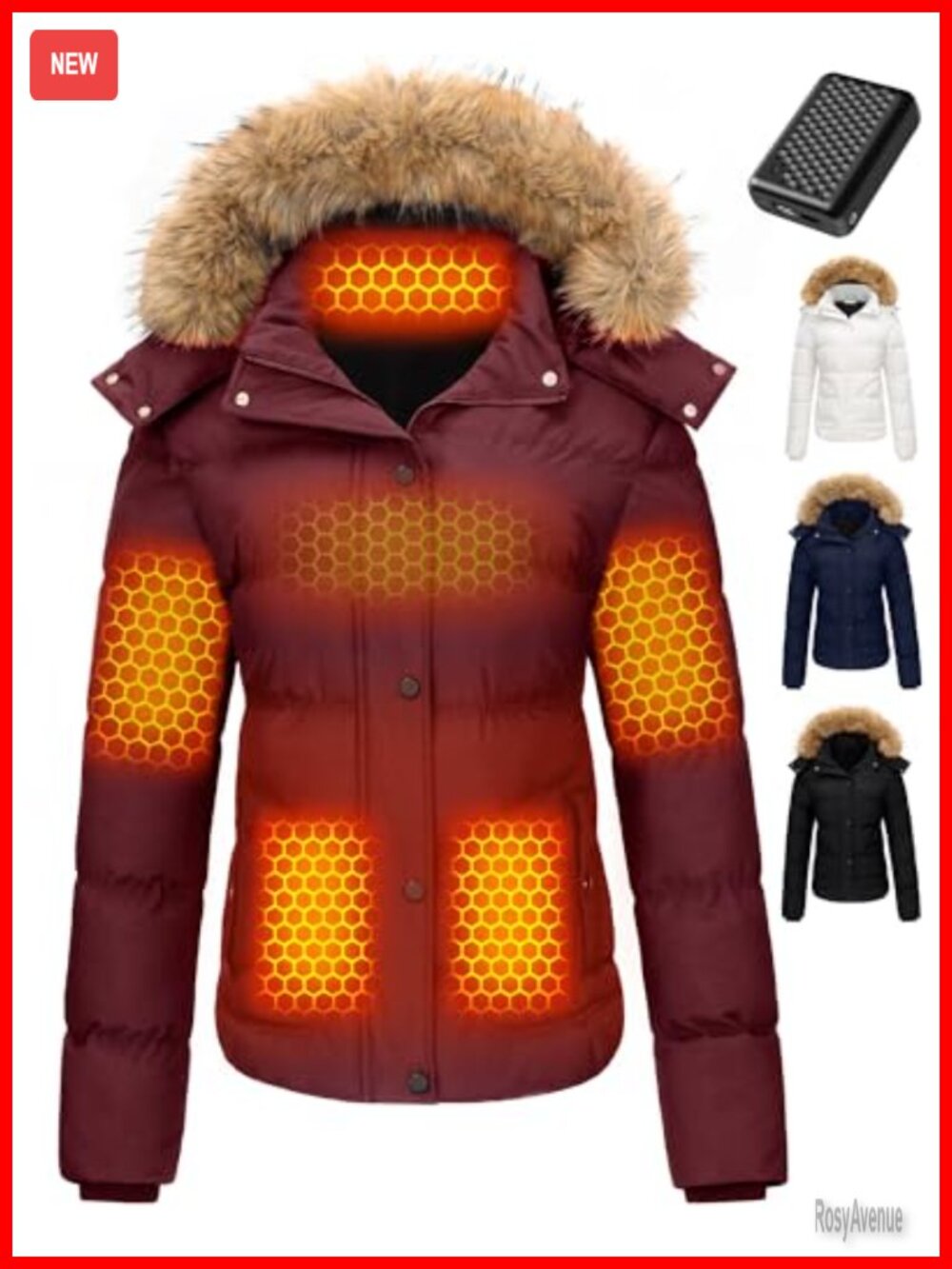 Women's Graphene Heated Jacket 12V 18400mAh Water Repellent Hooded Winter Coat
